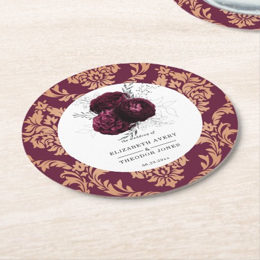 Floral gepersonaliseerde bruiloft Bourgondische se Ronde Kartonnen Onderzetter (Gebogen)