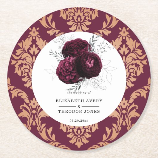 Floral gepersonaliseerde bruiloft Bourgondische se Ronde Kartonnen Onderzetter (Voorkant)