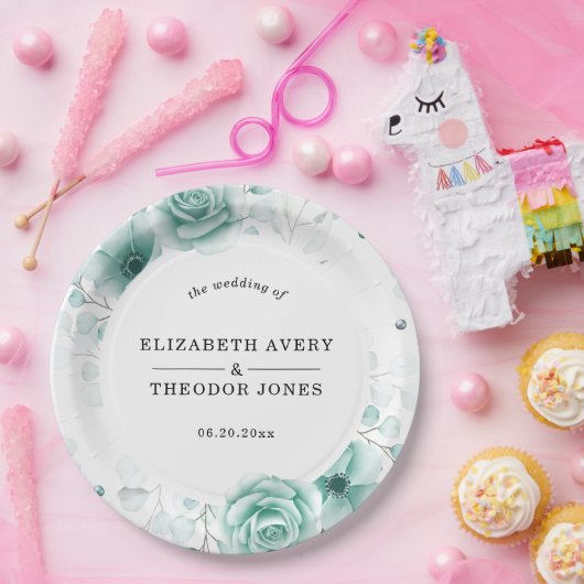 Floral Gepersonaliseerde salie greens Bruiloft ser Papieren Bordje (Feest)