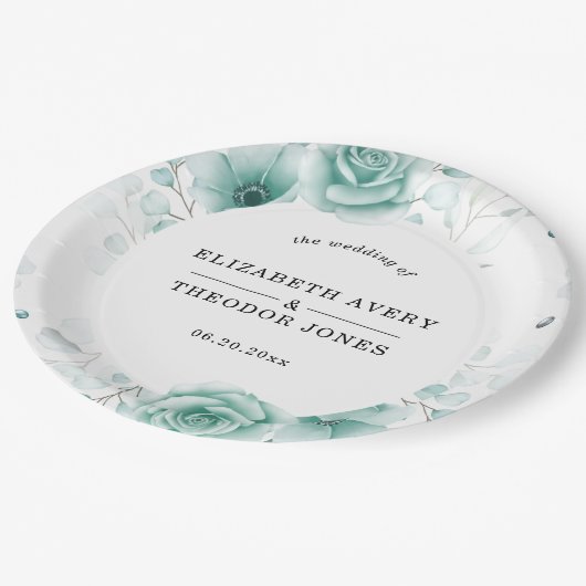 Floral Gepersonaliseerde salie greens Bruiloft ser Papieren Bordje (Gekanteld)