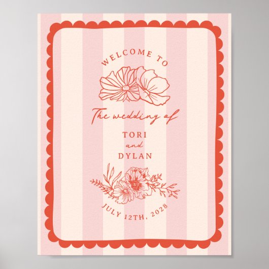 Floral geschulpte Border Stripe Bruiloft Welkom Poster (Voorkant)