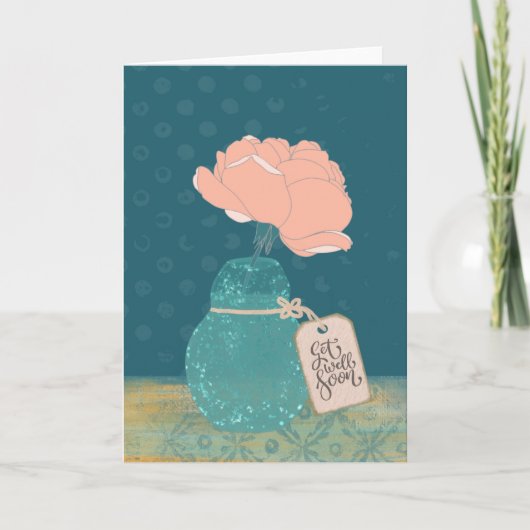 Floral “Get Well Soon” Card with Teal Vase Kaart (Voorkant)