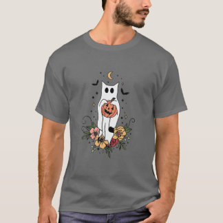  Floral Ghost Cat Cute Halloween Graphic T-shirt