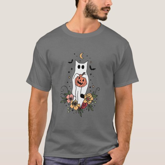  Floral Ghost Cat Cute Halloween Graphic T-shirt (Voorkant)