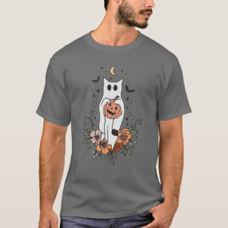  Floral Ghost Cat Halloween Graphic T-shirt