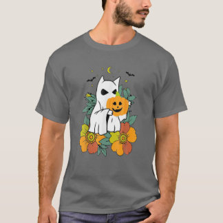 Floral Ghost Cat Halloween Graphic T-shirt
