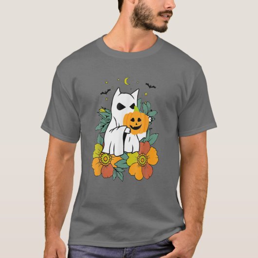  Floral Ghost Cat Halloween Graphic T-shirt (Voorkant)