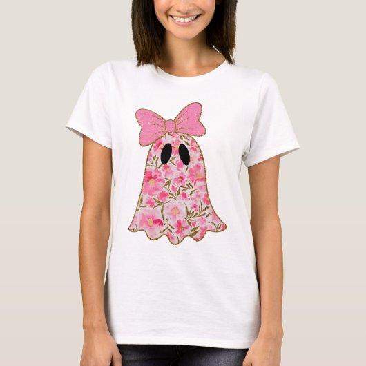Floral Ghost T-Shirt – Cute Pink & Gold Glitter  (Voorkant)