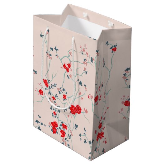 Floral Gift Bag, Red and Cream Chinoiserie Medium Cadeauzakje (Achterkant Gekanteld)