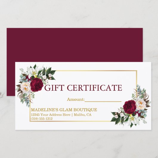 Floral Gift Certificate van de Waterverf Burgundy (Voorkant / Achterkant)