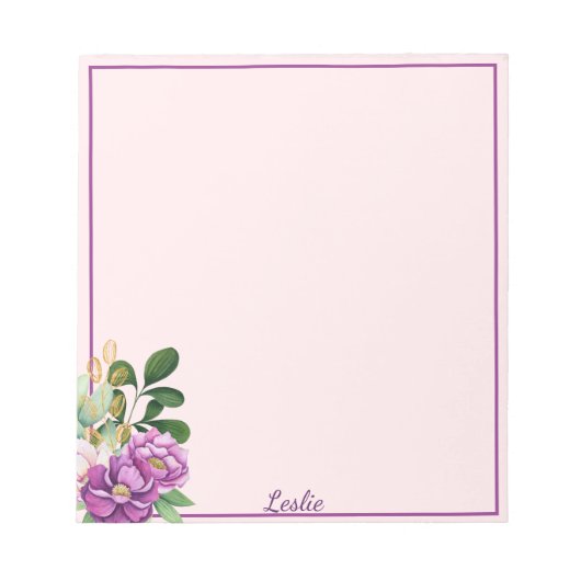 Floral Gift Notitieblok met aangepaste naam Paars (Voorkant)