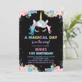 Floral Gillter Eenhoorn Verjaardag Uitnodigingen (Staand voorkant)