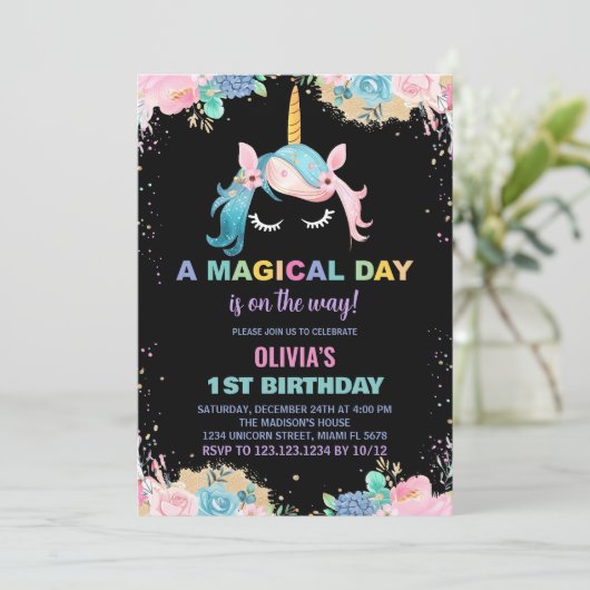 Floral Gillter Eenhoorn Verjaardag Uitnodigingen (Staand voorkant)