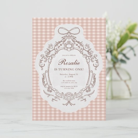  Floral Gingham Meisjes 1e verjaardag Kaart (Staand voorkant)