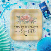Floral Gingham Pset Happy Birthday Paper Borden Papieren Bordje (Feest)