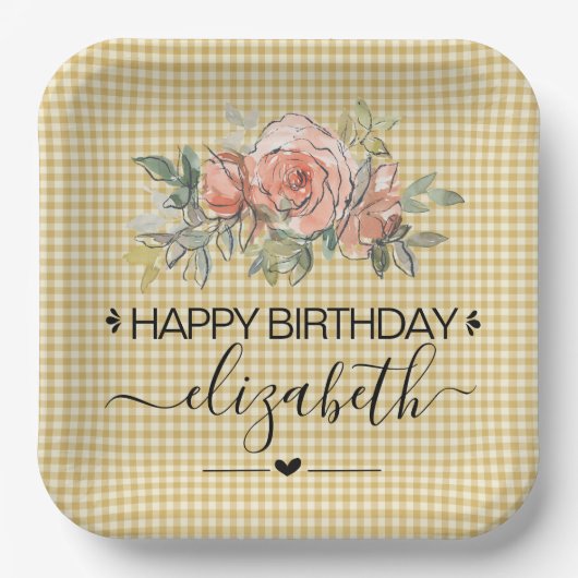 Floral Gingham Pset Happy Birthday Paper Borden Papieren Bordje (Voorkant)