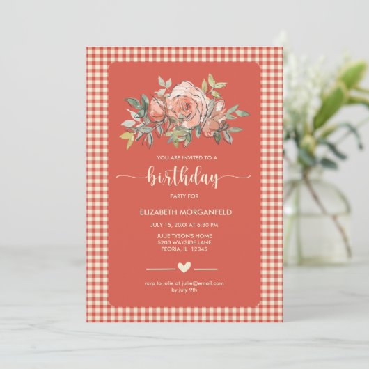 Floral Gingham Pset Happy Birthday Party Kaart (Staand voorkant)
