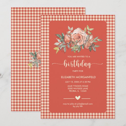 Floral Gingham Pset Happy Birthday Party Kaart (Voorkant / Achterkant)