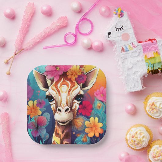Floral Giraffe Portrait-9321 Papieren Bordje (Feest)