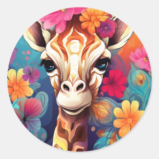 Floral Giraffe Portrait-9321 Ronde Sticker (Voorkant)