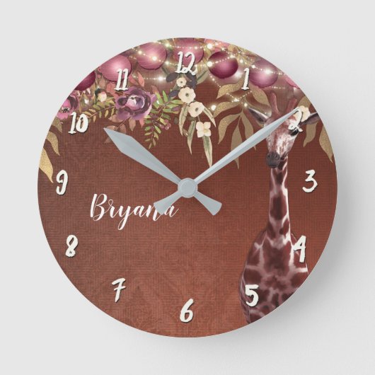 Floral Giraffe Rustic Brown Chic Personalized Ronde Klok (Voorkant)