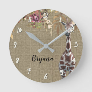 Floral Giraffe Rustic Brown Chic Personalized Ronde Klok