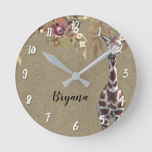 Floral Giraffe Rustic Brown Chic Personalized Ronde Klok (Voorkant)