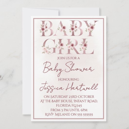 Floral Girl Baby Shower Invitation Kaart (Voorkant)