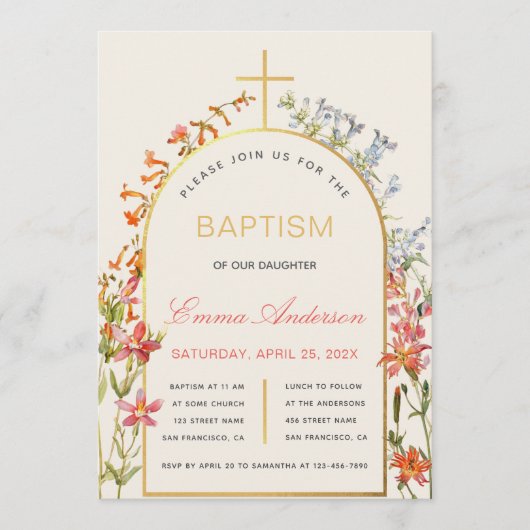 Floral Girl Baptism Gold Cross Arch & Wildflowers Kaart (Voorkant)