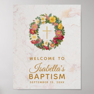 Floral Girl Baptism Gold Cross Roos met grote marm Poster