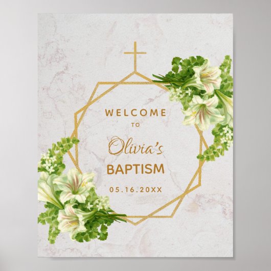 Floral Girl Baptism Gold Marble Lilies Welkom Poster (Voorkant)