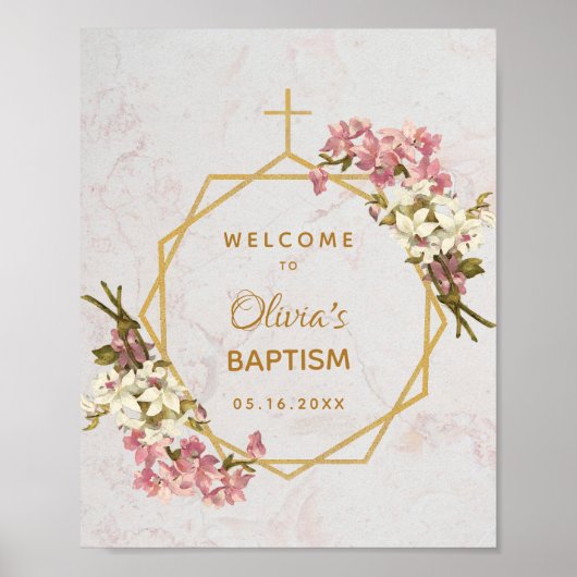 Floral Girl Baptism Gold Marble Orchids Welkom Poster (Voorkant)