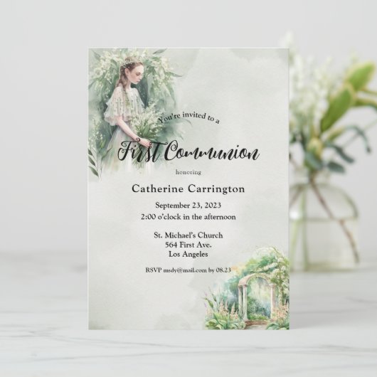  Floral Girl Eerste Communie Kaart (Staand voorkant)