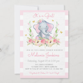 Floral Girl Elephant Baby shower Kaart