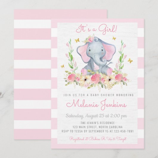 Floral Girl Elephant Baby shower Kaart (Voorkant / Achterkant)