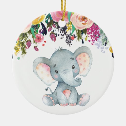 Floral Girl Elephant Baby shower Pink en Grey Keramisch Ornament (Voorkant)