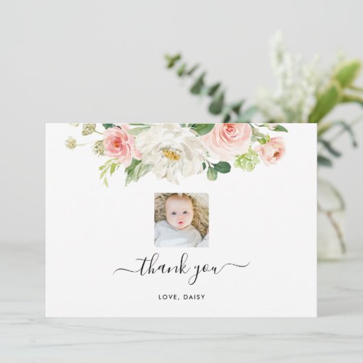 Floral Girl Foto Birthday Party Bedankkaart (Staand voorkant)