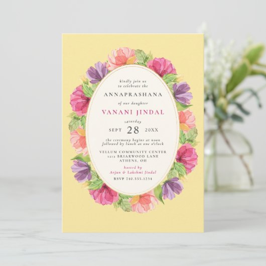 Floral Girls Annaprashana First Rice Ceremony Kaart (Staand voorkant)