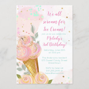 Floral Girly Ice Cream Waterverf Birthday Party Kaart