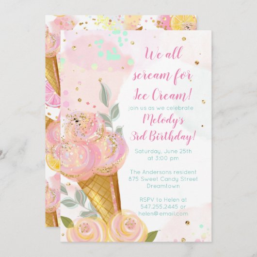 Floral Girly Ice Cream Waterverf Verjaardagsfeestj Kaart (Voorkant / Achterkant)