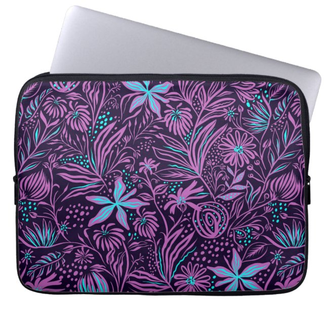 Floral Girly Pink Paars Blauwgroen Black Pattern M Laptop Sleeve (Voorkant)