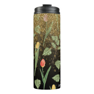 *~* Floral Girly Pink Yellow TULIPS Gold Glitter Thermosbeker