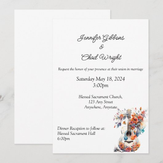 Floral gitaar bruiloft uitnodiging, 5x7" uitnodigi kaart (Voorkant / Achterkant)