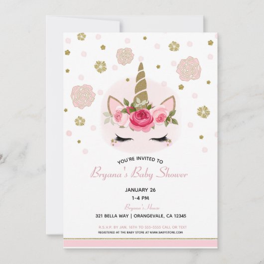 Floral Glam Gold Glitter Eenhoorn Baby shower Kaart (Voorkant)