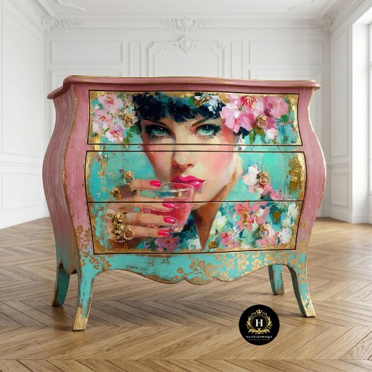 Floral Glam Vrouw met Roze Drink Decoupage Tissuepapier