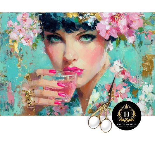 Floral Glam Vrouw met Roze Drink Decoupage Tissuepapier