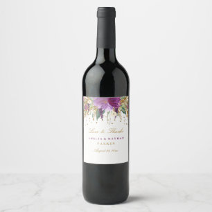 Floral Glitter Amethist Bruiloft Wijn Label Etiket