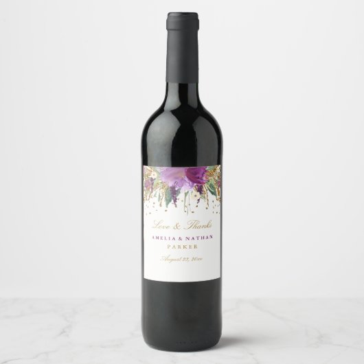 Floral Glitter Amethist Bruiloft Wijn Label Etiket (Voorkant)