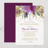 Floral Glitter Amethist Quinceanera Uitnodiging (Voorkant / Achterkant)