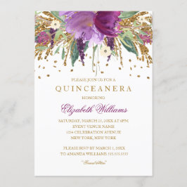 Floral Glitter Amethist Quinceanera Uitnodiging